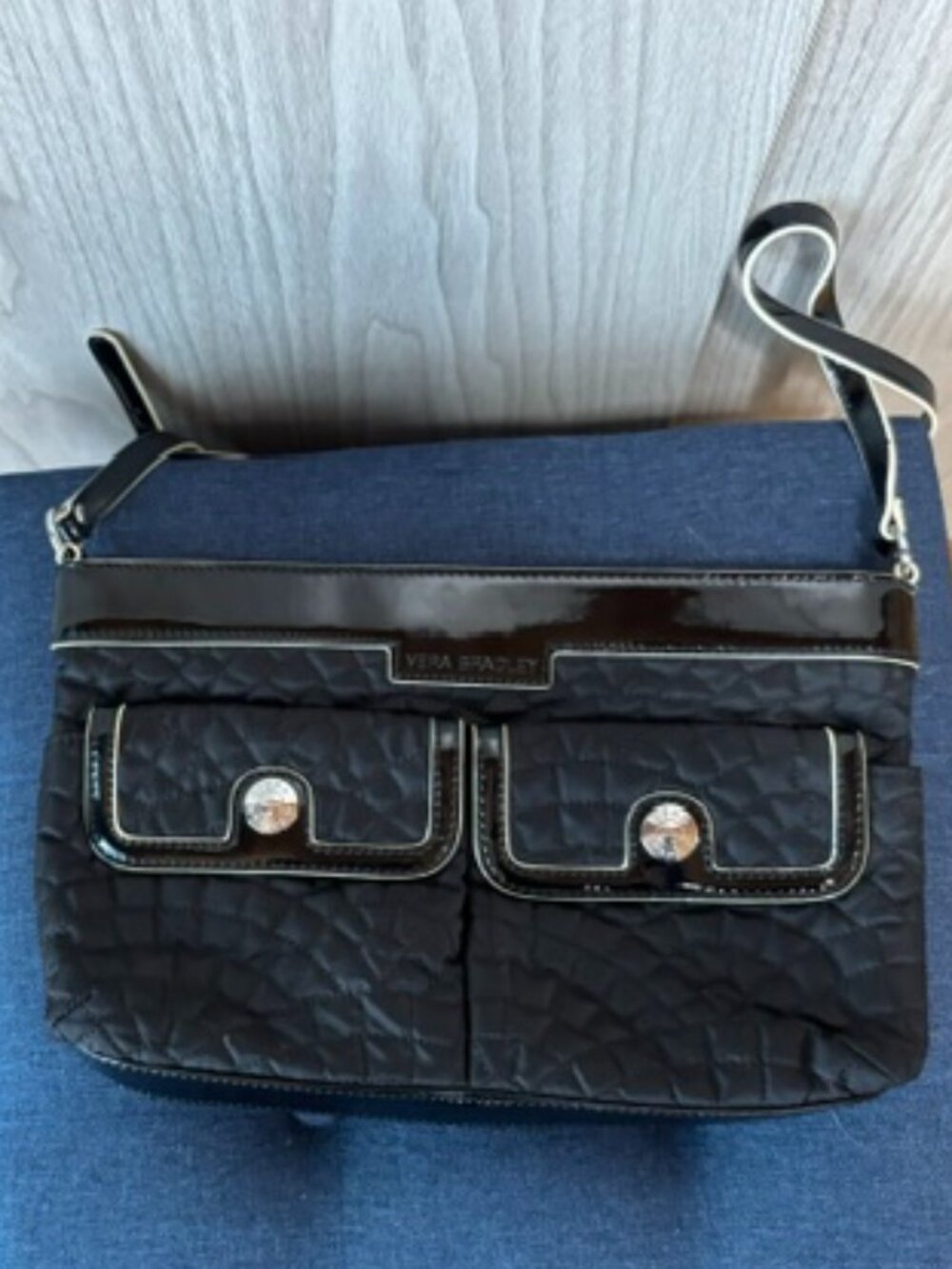 Vera Bradley Black Quilted Crossbody Bag Patent Trim Adjustable Strap 12" x 7.5"
